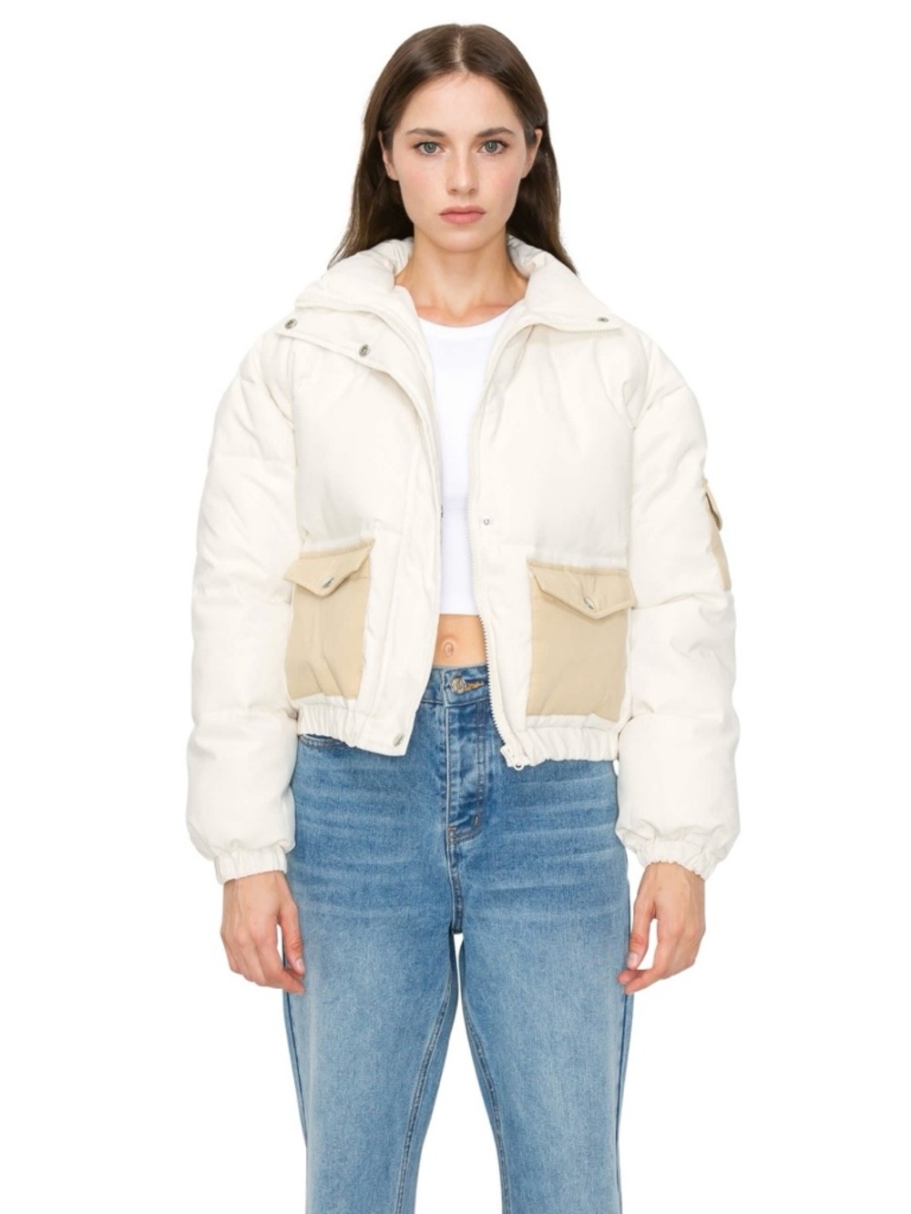 NEW Daydreamer LA Cream Puffer Jacket with Tan Pockets, Size Small.